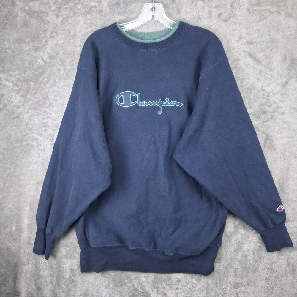 Vintage Champion Reverse Weave Sweatshirt Mens 2XL Navy Blue Green Made in USA